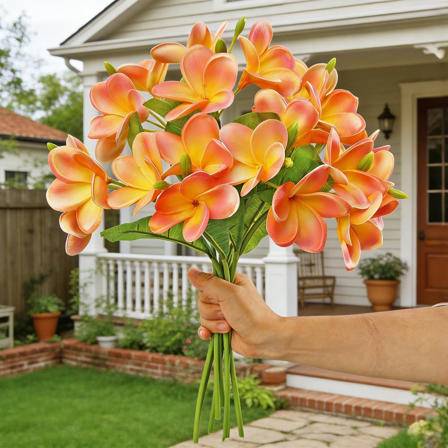 5PCS PU Real Touch Lifelike Artificial Plumeria Frangipani Flower Stems Wedding Home Party Spring Flowers Decoration (Orange Pink)