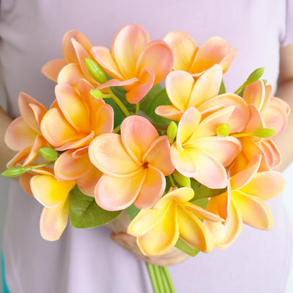 5PCS PU Real Touch Lifelike Artificial Plumeria Frangipani Flower Stems Wedding Home Party Spring Flowers Decoration (Orange Pink)