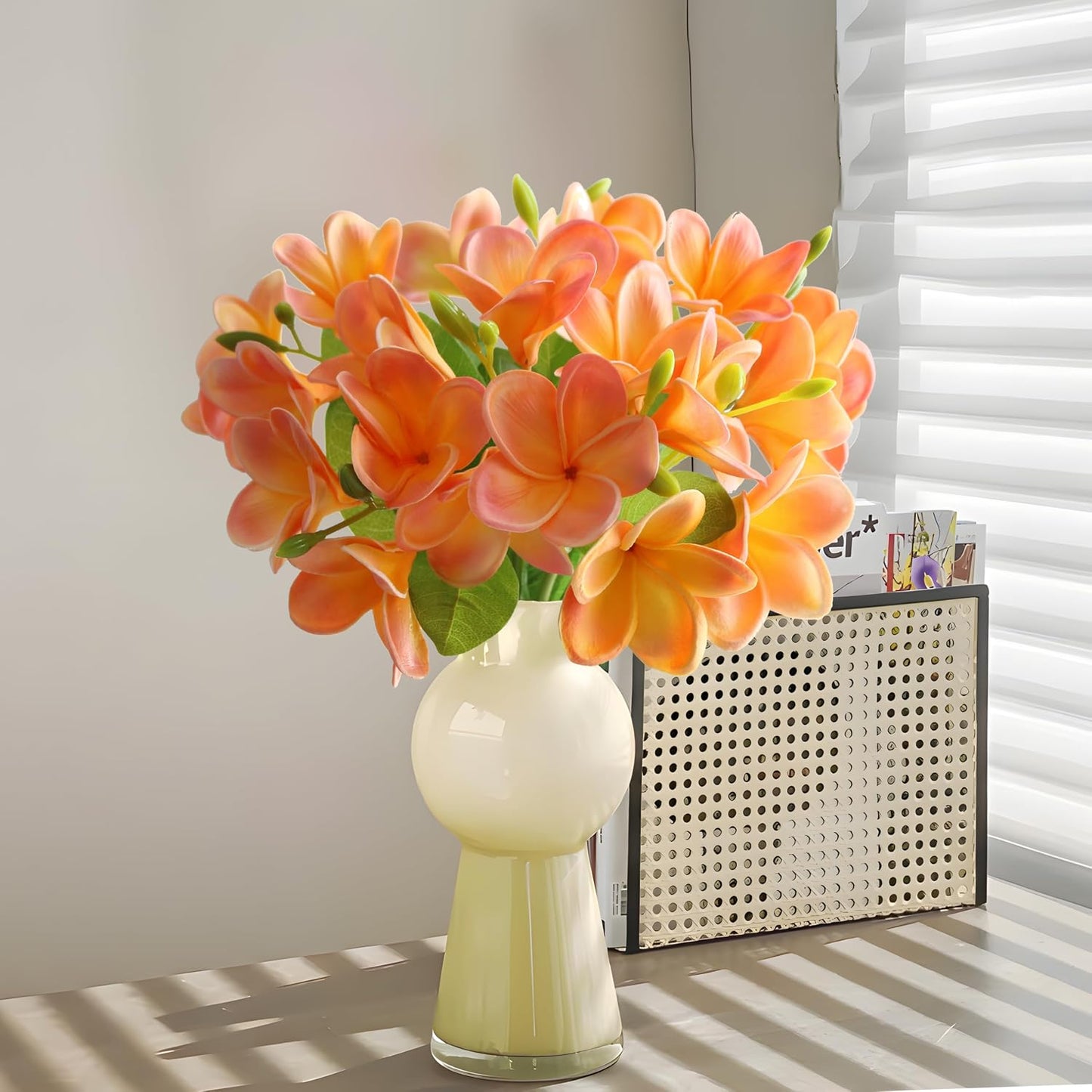 5PCS PU Real Touch Lifelike Artificial Plumeria Frangipani Flower Stems Wedding Home Party Spring Flowers Decoration (Orange Pink)