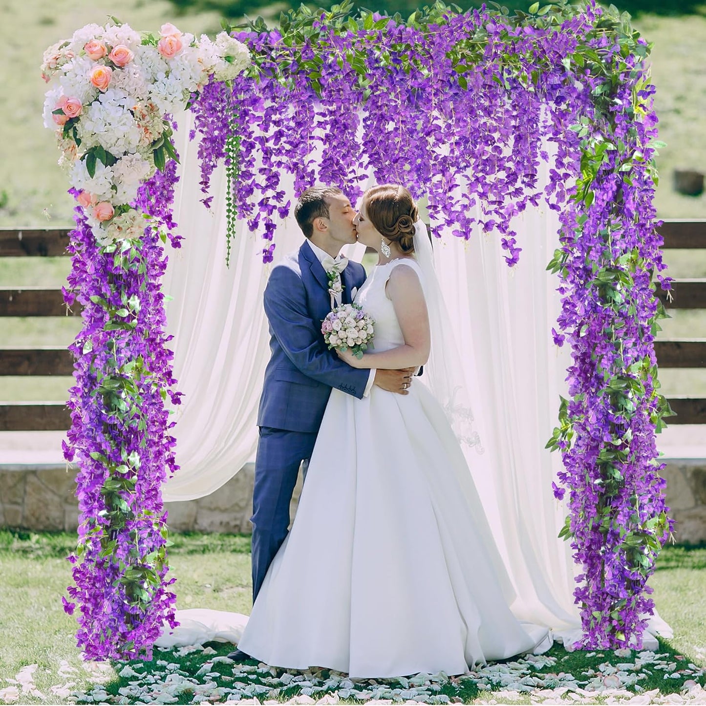 6Pcs Wisteria Garland Artificial Flowers Garland Fake Hanging Wisteria Vines Rattan Silk Hanging Flower Vines for Home Garden Outdoor Wedding Arch Party Ceremony Total 35.4Ft (Purple)