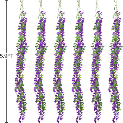 6Pcs Wisteria Garland Artificial Flowers Garland Fake Hanging Wisteria Vines Rattan Silk Hanging Flower Vines for Home Garden Outdoor Wedding Arch Party Ceremony Total 35.4Ft (Purple)