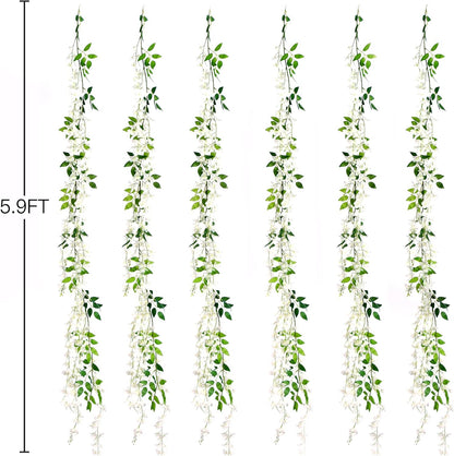 6Pcs Wisteria Garland Artificial Flowers Garland Fake Hanging Wisteria Vines Rattan Silk Hanging Flower Vines for Home Garden Outdoor Wedding Arch Party Ceremony Total 35.4Ft (Purple)