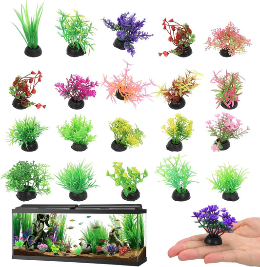 40Pcs Fish Tank Decorations Set Mini Artificial Aquarium Plants Colorful Plastic Water Grass Accessories for Betta Goldfish Turtle Tank