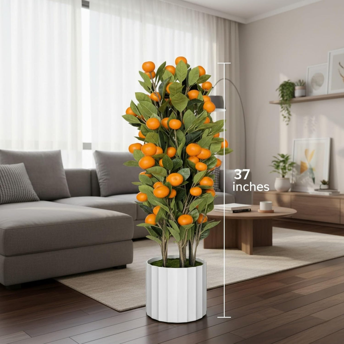 Artificial Citrus Tree 37" Large Fake Citrus Plant in Pot, Lifelike Faux Mandarin Indoor OrangeTree with White Textured Planter, 8" x 8" Pot, Floor Plants for Home Living Room Office Entryway Decor