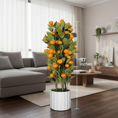 Artificial Citrus Tree 37" Large Fake Citrus Plant in Pot, Lifelike Faux Mandarin Indoor OrangeTree with White Textured Planter, 8" x 8" Pot, Floor Plants for Home Living Room Office Entryway Decor