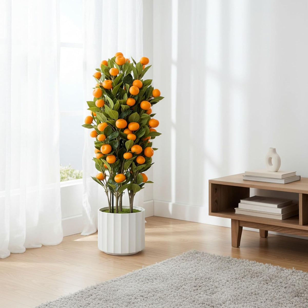 Artificial Citrus Tree 37" Large Fake Citrus Plant in Pot, Lifelike Faux Mandarin Indoor OrangeTree with White Textured Planter, 8" x 8" Pot, Floor Plants for Home Living Room Office Entryway Decor