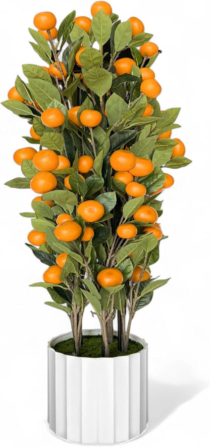 Artificial Citrus Tree 37" Large Fake Citrus Plant in Pot, Lifelike Faux Mandarin Indoor OrangeTree with White Textured Planter, 8" x 8" Pot, Floor Plants for Home Living Room Office Entryway Decor
