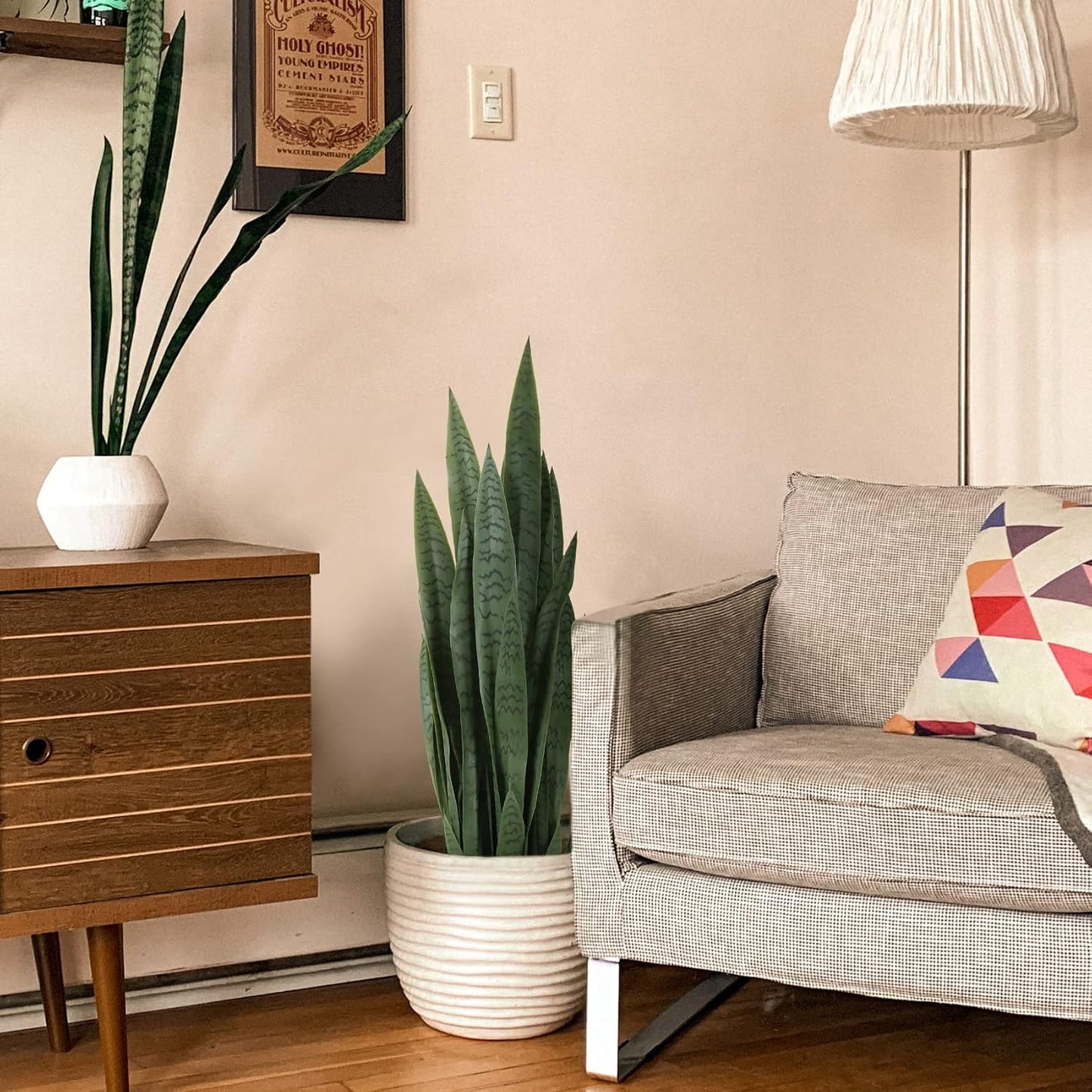 Garden 3ft Artificial Snake Plant Fake Sansevieria Indoor Outdoor, 28 Thick Leaves Lifelike Faux Silk Plant, Home Decor Mother in Law Tongue Plant 35in, with Black pot & Dry Moss Included, Green