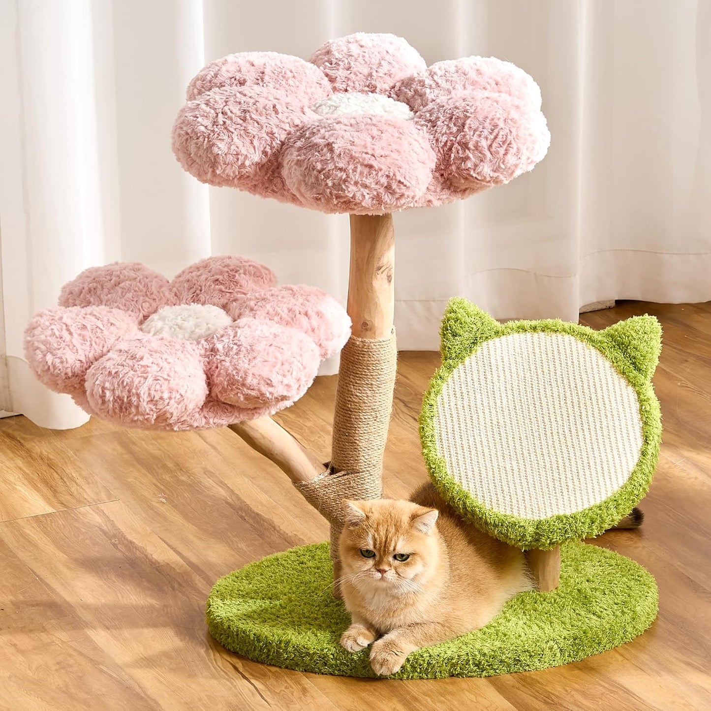 Modern Cat Tree Tower for Indoor Cats Large Adult, 37 inch Brown Flower Cat Tree with Scratching Post, Luxury Aesthetic Cat Tree with Cloud-Soft Flower Perches and Physical Mouse-Sound Hanging Toy