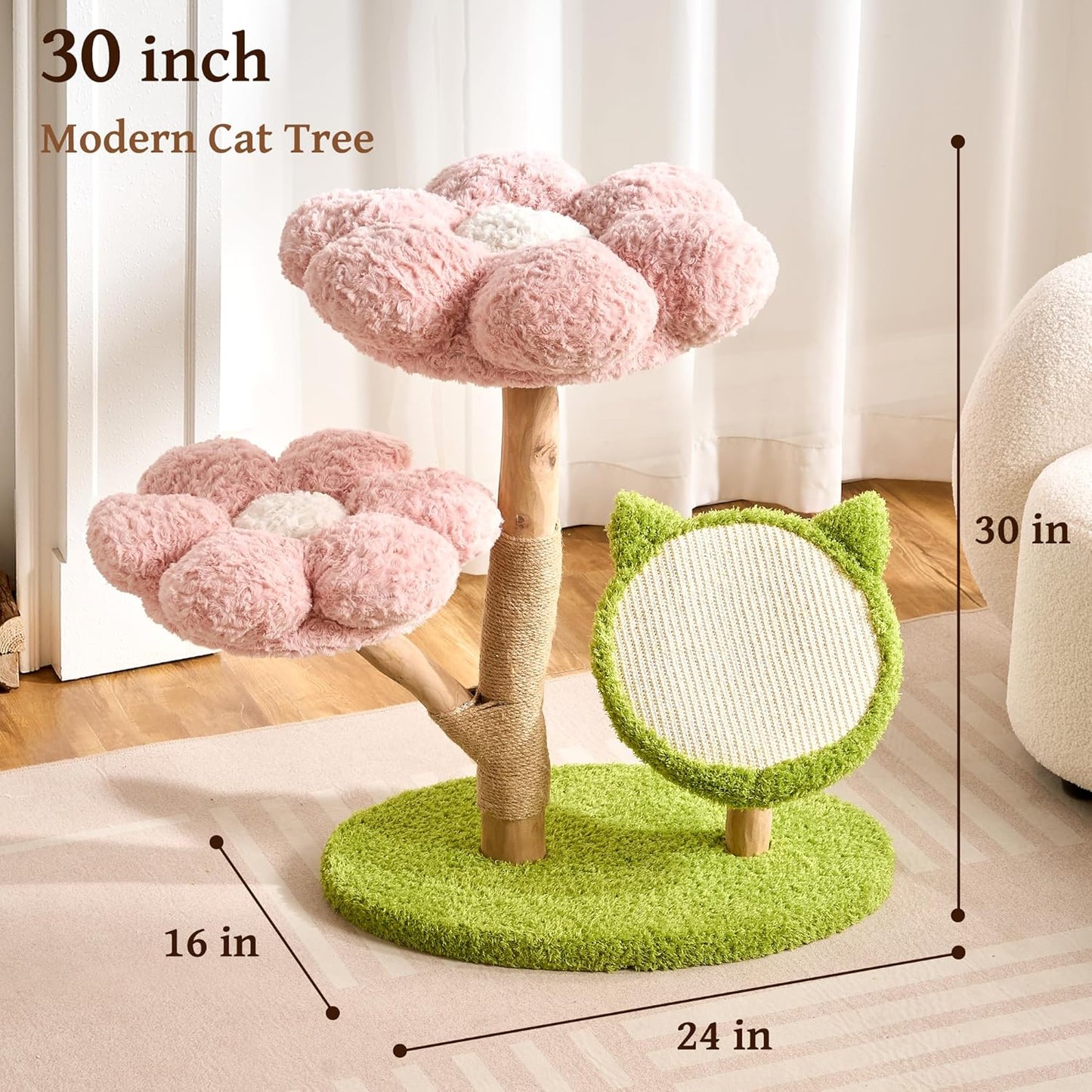 Modern Cat Tree Tower for Indoor Cats Large Adult, 37 inch Brown Flower Cat Tree with Scratching Post, Luxury Aesthetic Cat Tree with Cloud-Soft Flower Perches and Physical Mouse-Sound Hanging Toy