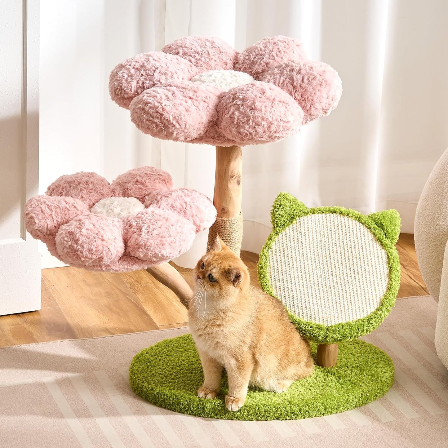 Modern Cat Tree Tower for Indoor Cats Large Adult, 37 inch Brown Flower Cat Tree with Scratching Post, Luxury Aesthetic Cat Tree with Cloud-Soft Flower Perches and Physical Mouse-Sound Hanging Toy