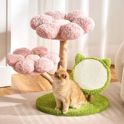Modern Cat Tree Tower for Indoor Cats Large Adult, 37 inch Brown Flower Cat Tree with Scratching Post, Luxury Aesthetic Cat Tree with Cloud-Soft Flower Perches and Physical Mouse-Sound Hanging Toy