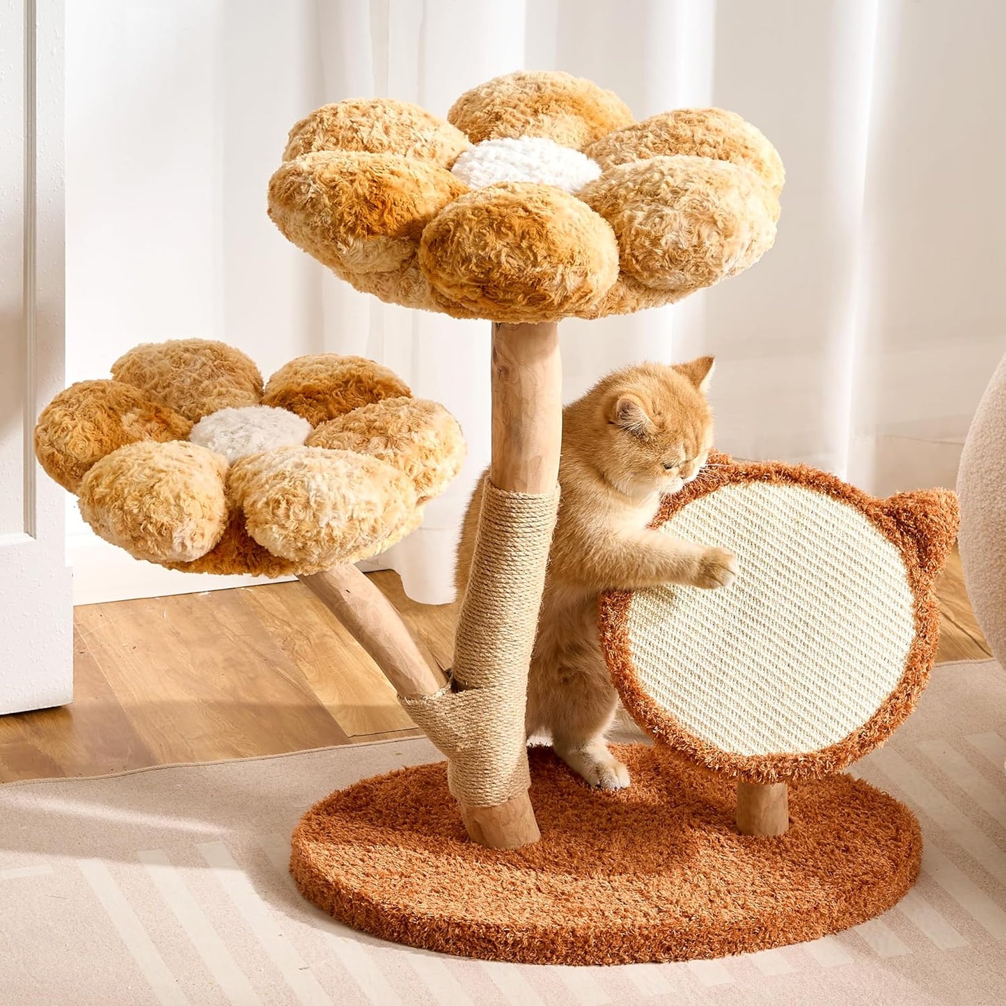 Modern Cat Tree Tower for Indoor Cats Large Adult, 37 inch Brown Flower Cat Tree with Scratching Post, Luxury Aesthetic Cat Tree with Cloud-Soft Flower Perches and Physical Mouse-Sound Hanging Toy