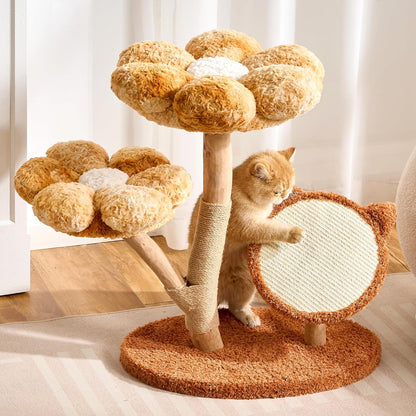 Modern Cat Tree Tower for Indoor Cats Large Adult, 37 inch Brown Flower Cat Tree with Scratching Post, Luxury Aesthetic Cat Tree with Cloud-Soft Flower Perches and Physical Mouse-Sound Hanging Toy