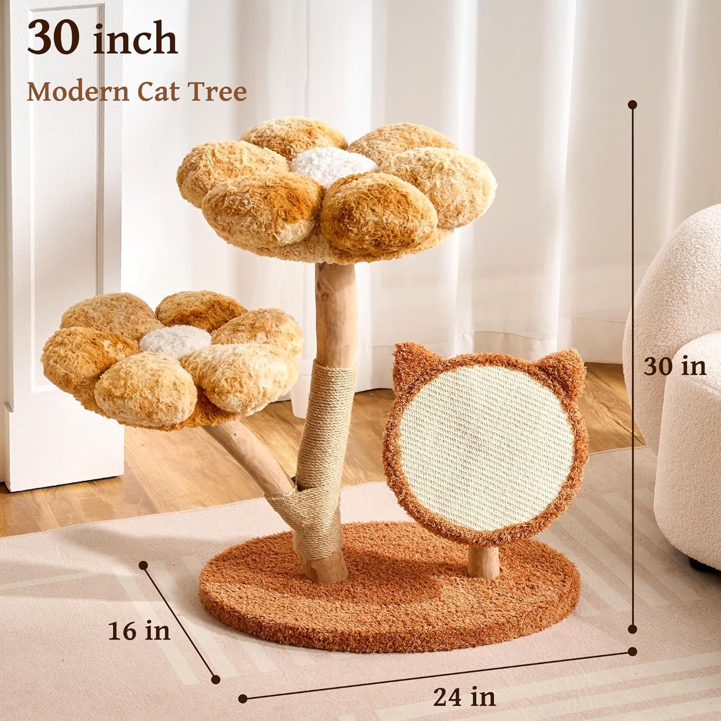 Modern Cat Tree Tower for Indoor Cats Large Adult, 37 inch Brown Flower Cat Tree with Scratching Post, Luxury Aesthetic Cat Tree with Cloud-Soft Flower Perches and Physical Mouse-Sound Hanging Toy