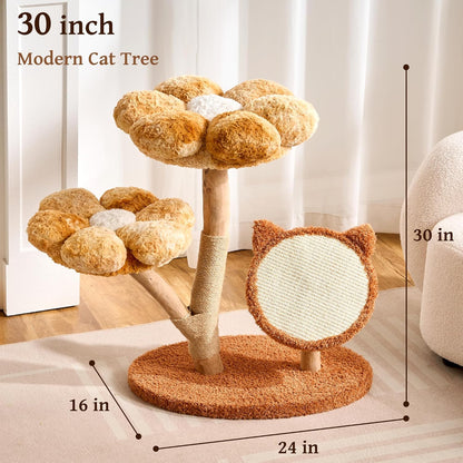Modern Cat Tree Tower for Indoor Cats Large Adult, 37 inch Brown Flower Cat Tree with Scratching Post, Luxury Aesthetic Cat Tree with Cloud-Soft Flower Perches and Physical Mouse-Sound Hanging Toy