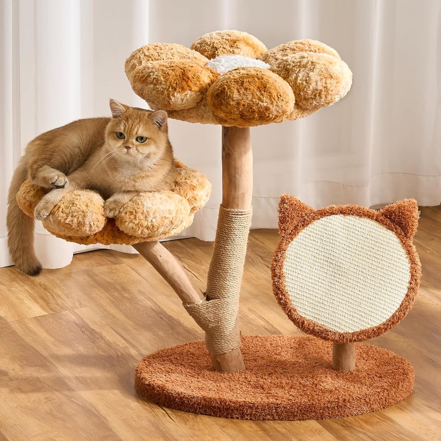 Modern Cat Tree Tower for Indoor Cats Large Adult, 37 inch Brown Flower Cat Tree with Scratching Post, Luxury Aesthetic Cat Tree with Cloud-Soft Flower Perches and Physical Mouse-Sound Hanging Toy