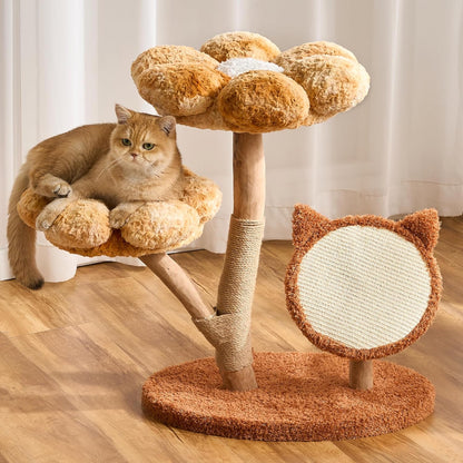 Modern Cat Tree Tower for Indoor Cats Large Adult, 37 inch Brown Flower Cat Tree with Scratching Post, Luxury Aesthetic Cat Tree with Cloud-Soft Flower Perches and Physical Mouse-Sound Hanging Toy
