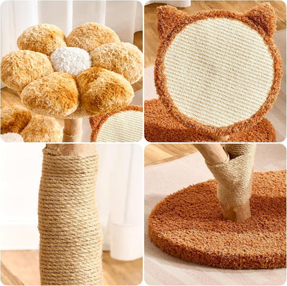 Modern Cat Tree Tower for Indoor Cats Large Adult, 37 inch Brown Flower Cat Tree with Scratching Post, Luxury Aesthetic Cat Tree with Cloud-Soft Flower Perches and Physical Mouse-Sound Hanging Toy
