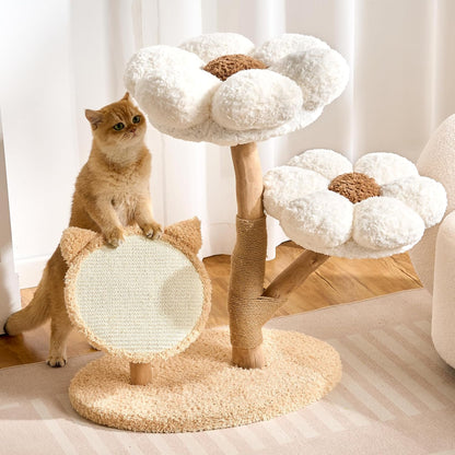 Modern Cat Tree Tower for Indoor Cats Large Adult, 37 inch Brown Flower Cat Tree with Scratching Post, Luxury Aesthetic Cat Tree with Cloud-Soft Flower Perches and Physical Mouse-Sound Hanging Toy
