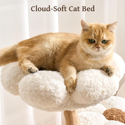Modern Cat Tree Tower for Indoor Cats Large Adult, 37 inch Brown Flower Cat Tree with Scratching Post, Luxury Aesthetic Cat Tree with Cloud-Soft Flower Perches and Physical Mouse-Sound Hanging Toy