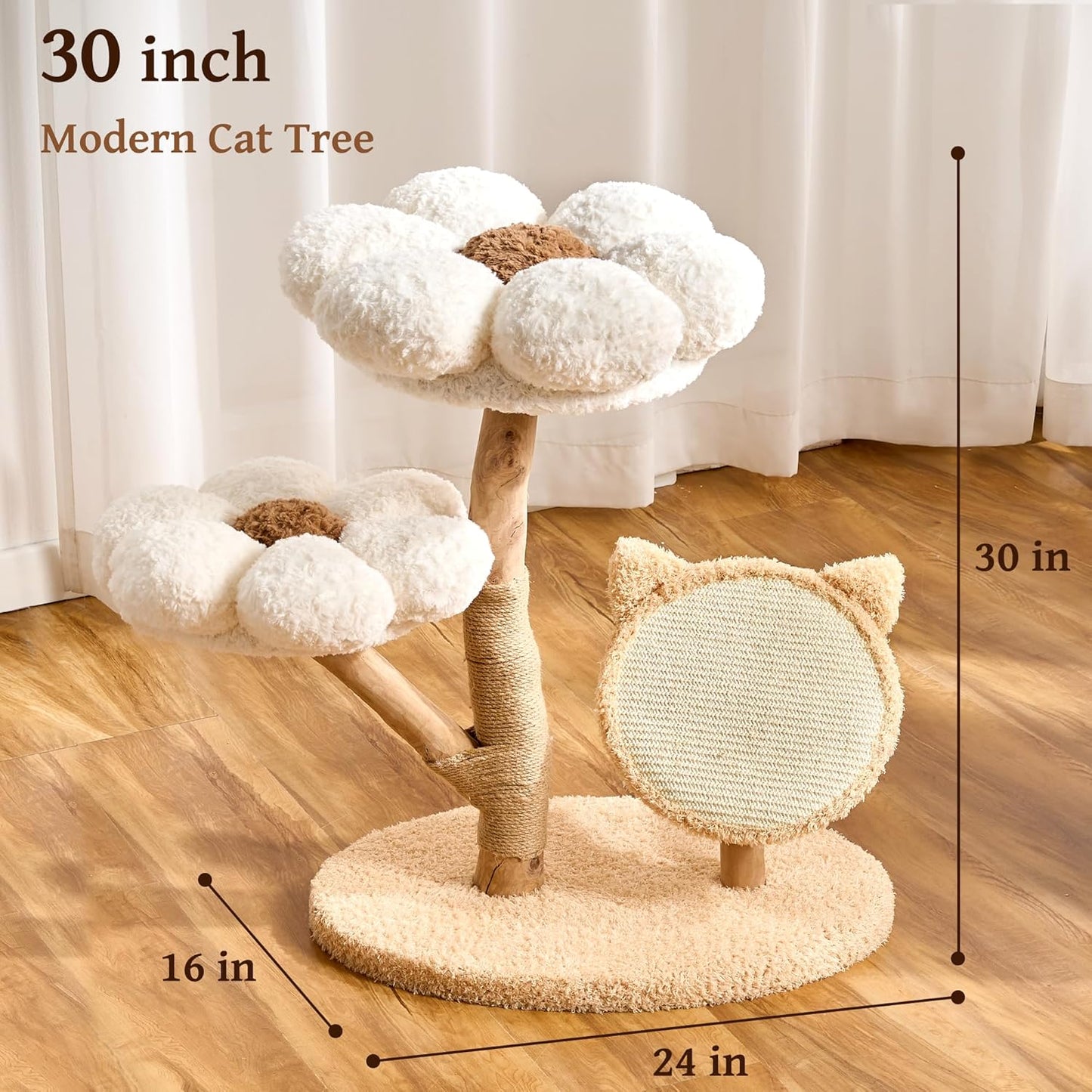 Modern Cat Tree Tower for Indoor Cats Large Adult, 37 inch Brown Flower Cat Tree with Scratching Post, Luxury Aesthetic Cat Tree with Cloud-Soft Flower Perches and Physical Mouse-Sound Hanging Toy