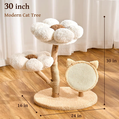 Modern Cat Tree Tower for Indoor Cats Large Adult, 37 inch Brown Flower Cat Tree with Scratching Post, Luxury Aesthetic Cat Tree with Cloud-Soft Flower Perches and Physical Mouse-Sound Hanging Toy