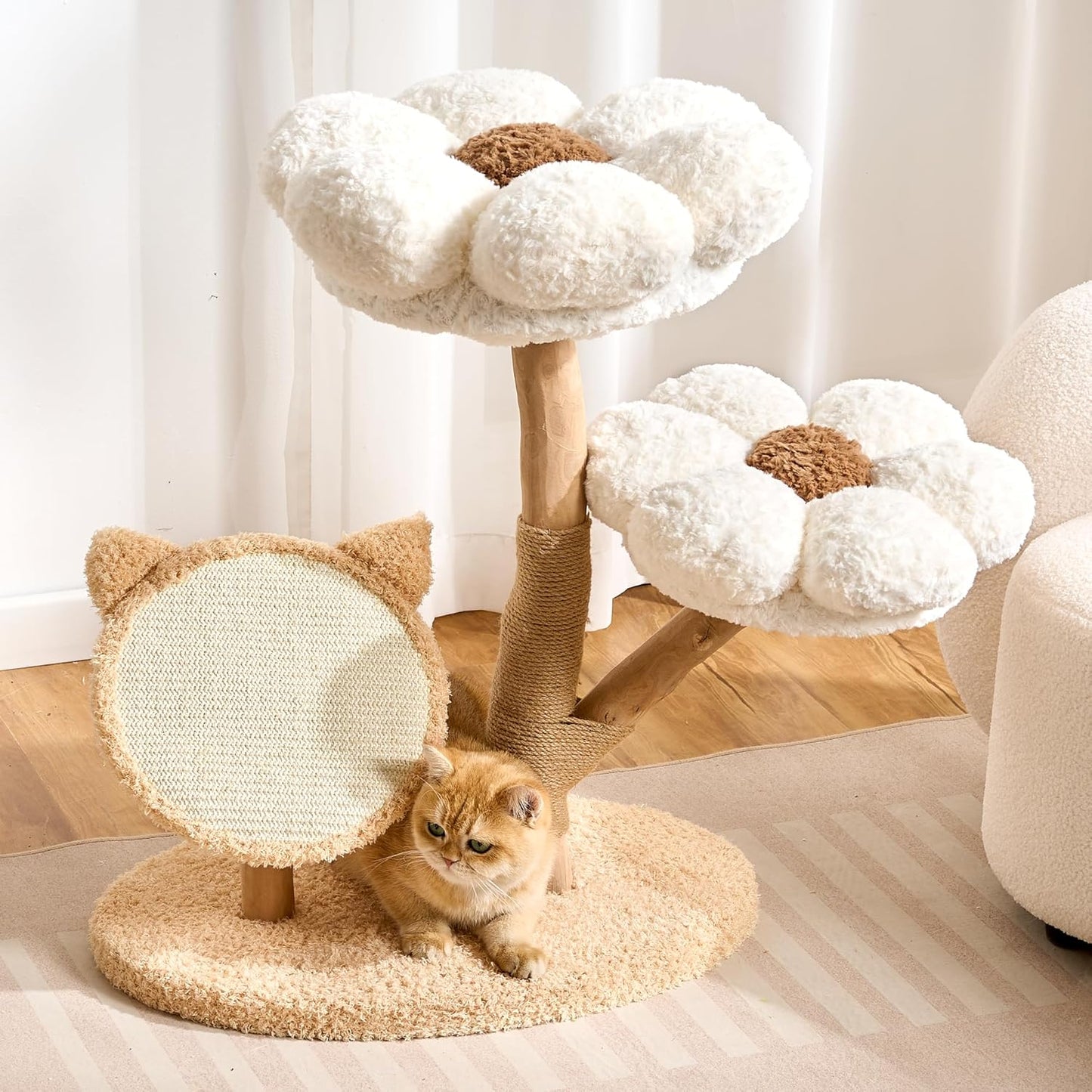 Modern Cat Tree Tower for Indoor Cats Large Adult, 37 inch Brown Flower Cat Tree with Scratching Post, Luxury Aesthetic Cat Tree with Cloud-Soft Flower Perches and Physical Mouse-Sound Hanging Toy