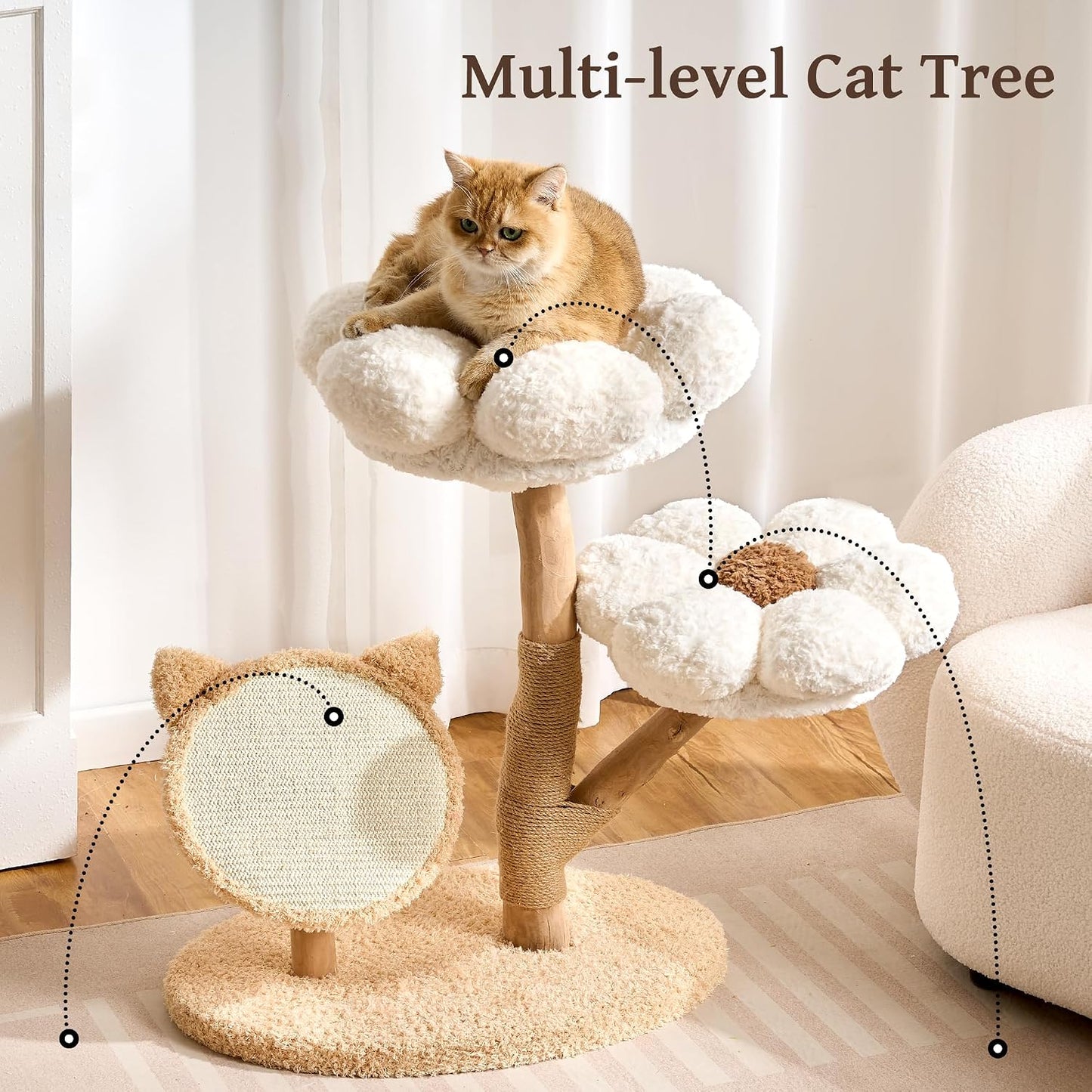 Modern Cat Tree Tower for Indoor Cats Large Adult, 37 inch Brown Flower Cat Tree with Scratching Post, Luxury Aesthetic Cat Tree with Cloud-Soft Flower Perches and Physical Mouse-Sound Hanging Toy