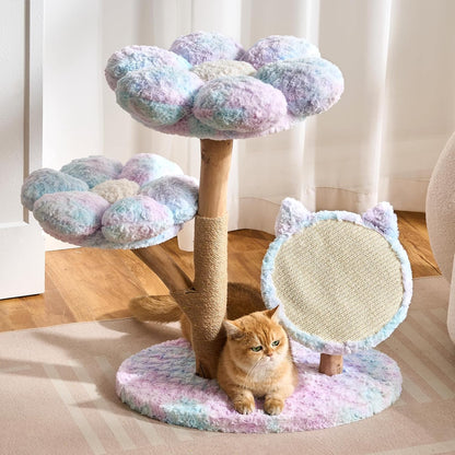 Modern Cat Tree Tower for Indoor Cats Large Adult, 37 inch Brown Flower Cat Tree with Scratching Post, Luxury Aesthetic Cat Tree with Cloud-Soft Flower Perches and Physical Mouse-Sound Hanging Toy