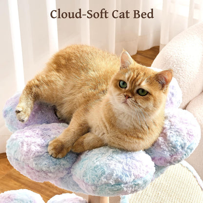 Modern Cat Tree Tower for Indoor Cats Large Adult, 37 inch Brown Flower Cat Tree with Scratching Post, Luxury Aesthetic Cat Tree with Cloud-Soft Flower Perches and Physical Mouse-Sound Hanging Toy