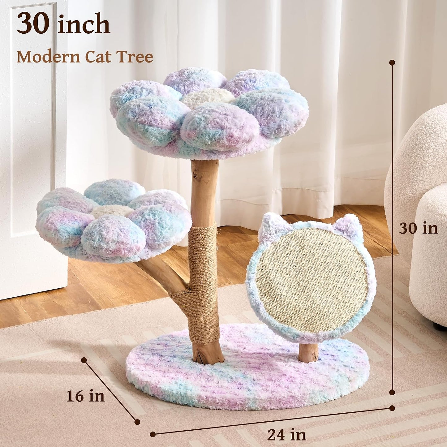 Modern Cat Tree Tower for Indoor Cats Large Adult, 37 inch Brown Flower Cat Tree with Scratching Post, Luxury Aesthetic Cat Tree with Cloud-Soft Flower Perches and Physical Mouse-Sound Hanging Toy