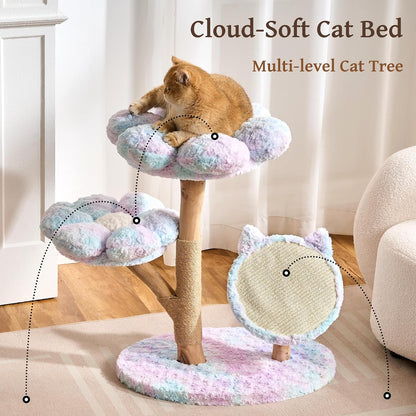 Modern Cat Tree Tower for Indoor Cats Large Adult, 37 inch Brown Flower Cat Tree with Scratching Post, Luxury Aesthetic Cat Tree with Cloud-Soft Flower Perches and Physical Mouse-Sound Hanging Toy