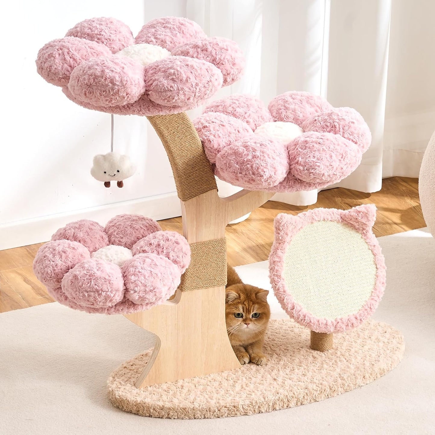 Modern Cat Tree Tower for Indoor Cats Large Adult, 37 inch Brown Flower Cat Tree with Scratching Post, Luxury Aesthetic Cat Tree with Cloud-Soft Flower Perches and Physical Mouse-Sound Hanging Toy
