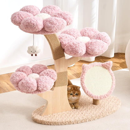 Modern Cat Tree Tower for Indoor Cats Large Adult, 37 inch Brown Flower Cat Tree with Scratching Post, Luxury Aesthetic Cat Tree with Cloud-Soft Flower Perches and Physical Mouse-Sound Hanging Toy