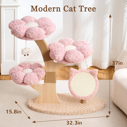 Modern Cat Tree Tower for Indoor Cats Large Adult, 37 inch Brown Flower Cat Tree with Scratching Post, Luxury Aesthetic Cat Tree with Cloud-Soft Flower Perches and Physical Mouse-Sound Hanging Toy