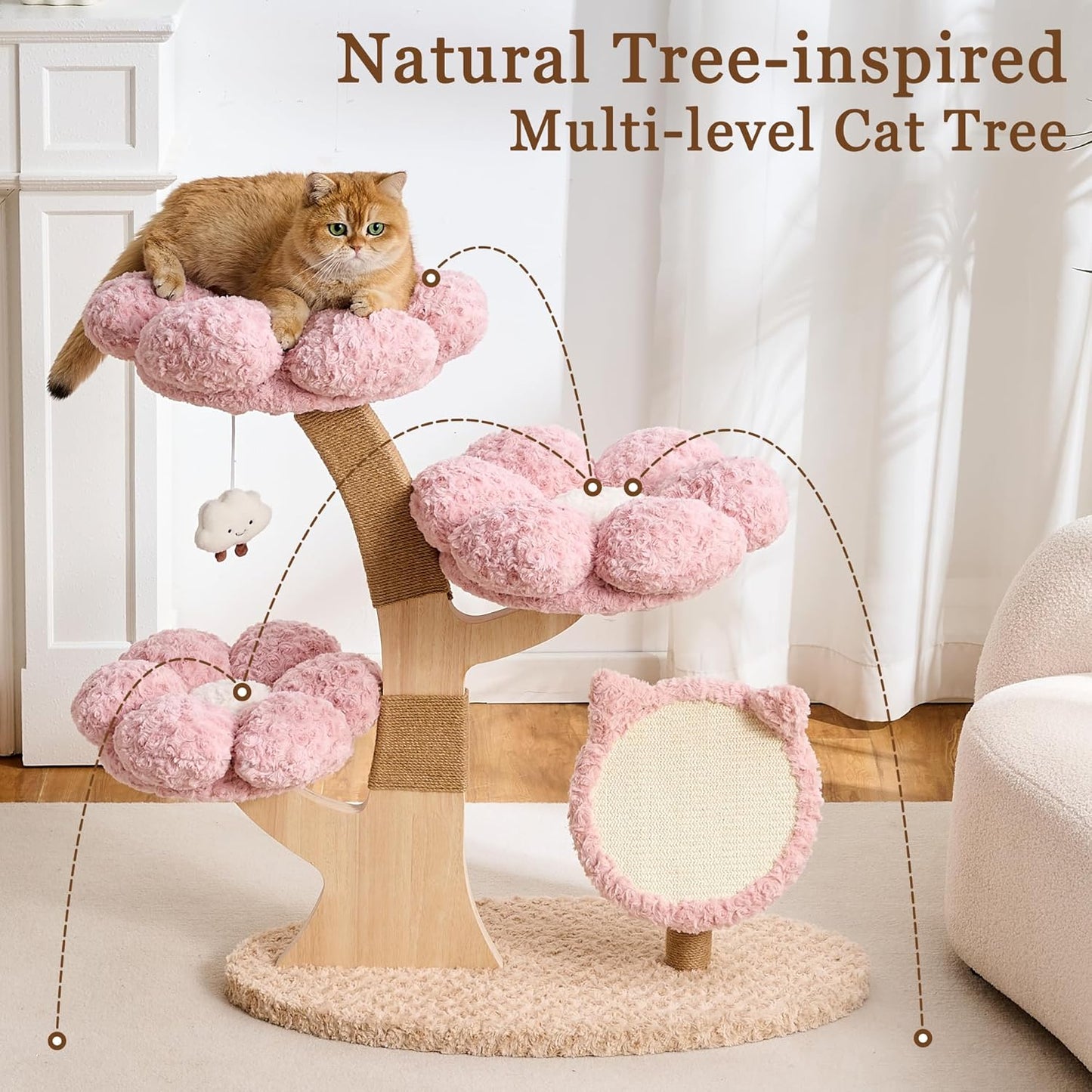 Modern Cat Tree Tower for Indoor Cats Large Adult, 37 inch Brown Flower Cat Tree with Scratching Post, Luxury Aesthetic Cat Tree with Cloud-Soft Flower Perches and Physical Mouse-Sound Hanging Toy