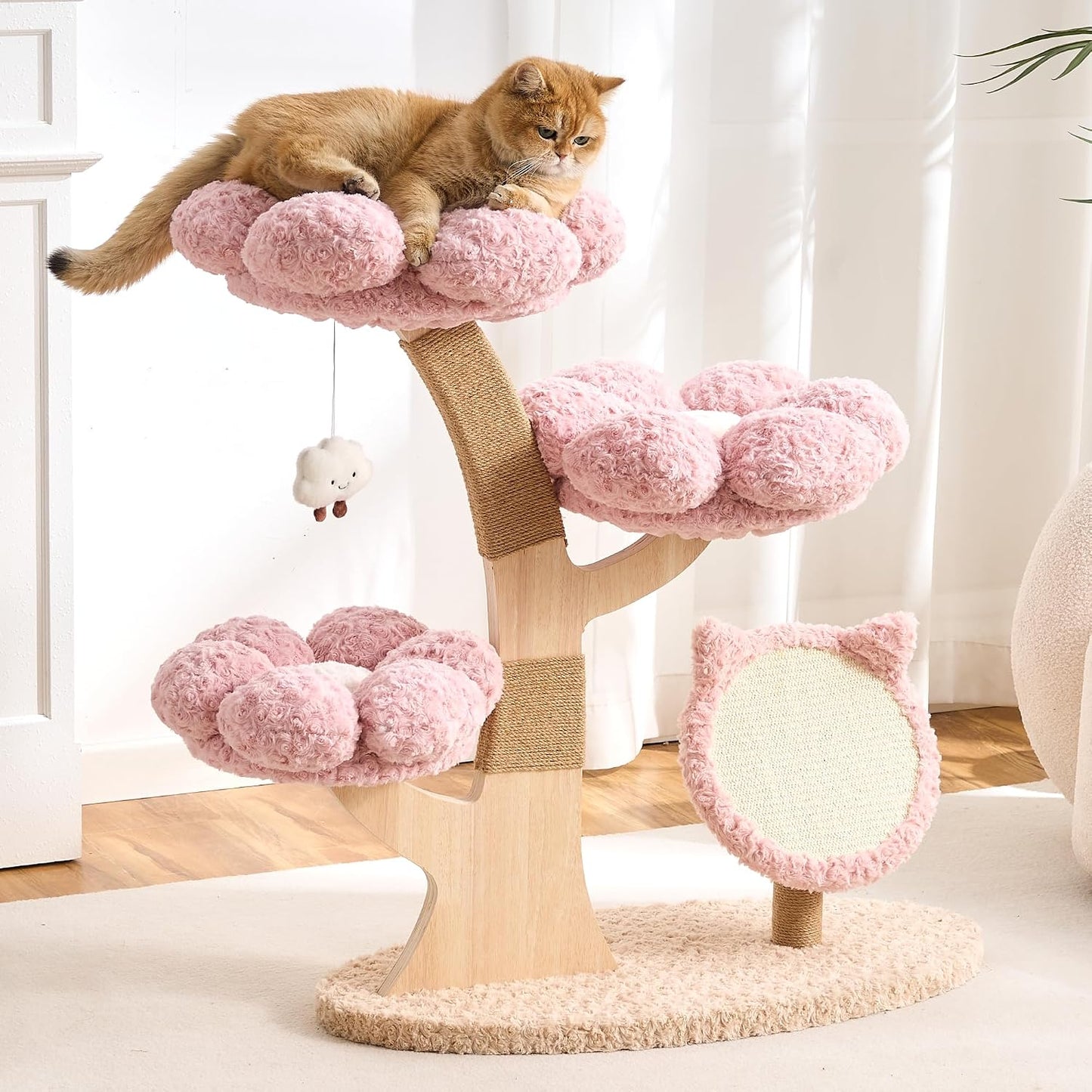Modern Cat Tree Tower for Indoor Cats Large Adult, 37 inch Brown Flower Cat Tree with Scratching Post, Luxury Aesthetic Cat Tree with Cloud-Soft Flower Perches and Physical Mouse-Sound Hanging Toy