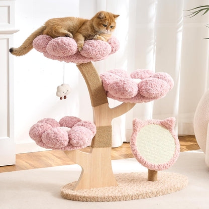 Modern Cat Tree Tower for Indoor Cats Large Adult, 37 inch Brown Flower Cat Tree with Scratching Post, Luxury Aesthetic Cat Tree with Cloud-Soft Flower Perches and Physical Mouse-Sound Hanging Toy