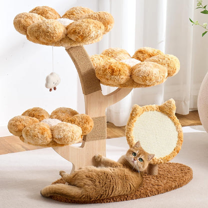 Modern Cat Tree Tower for Indoor Cats Large Adult, 37 inch Brown Flower Cat Tree with Scratching Post, Luxury Aesthetic Cat Tree with Cloud-Soft Flower Perches and Physical Mouse-Sound Hanging Toy