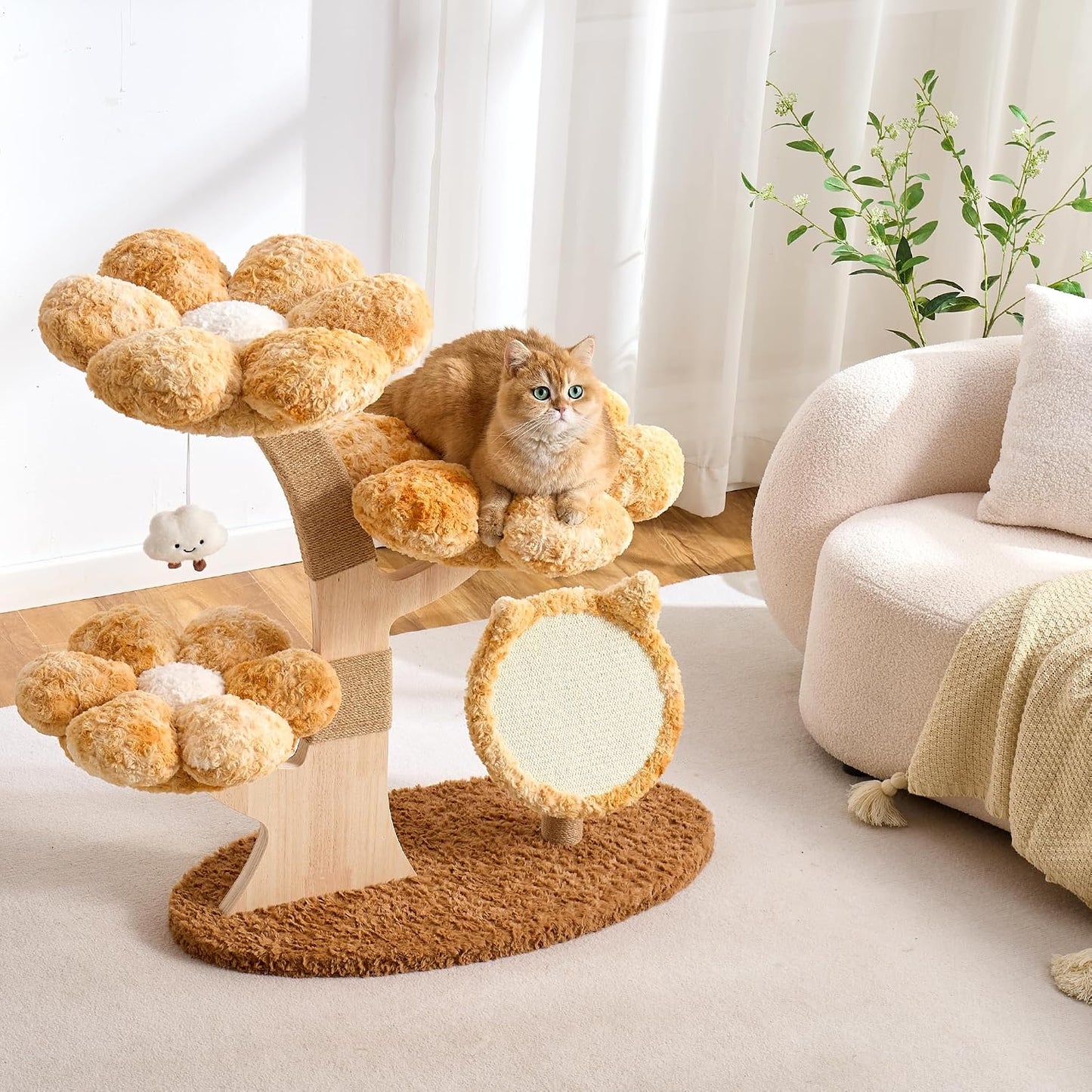Modern Cat Tree Tower for Indoor Cats Large Adult, 37 inch Brown Flower Cat Tree with Scratching Post, Luxury Aesthetic Cat Tree with Cloud-Soft Flower Perches and Physical Mouse-Sound Hanging Toy