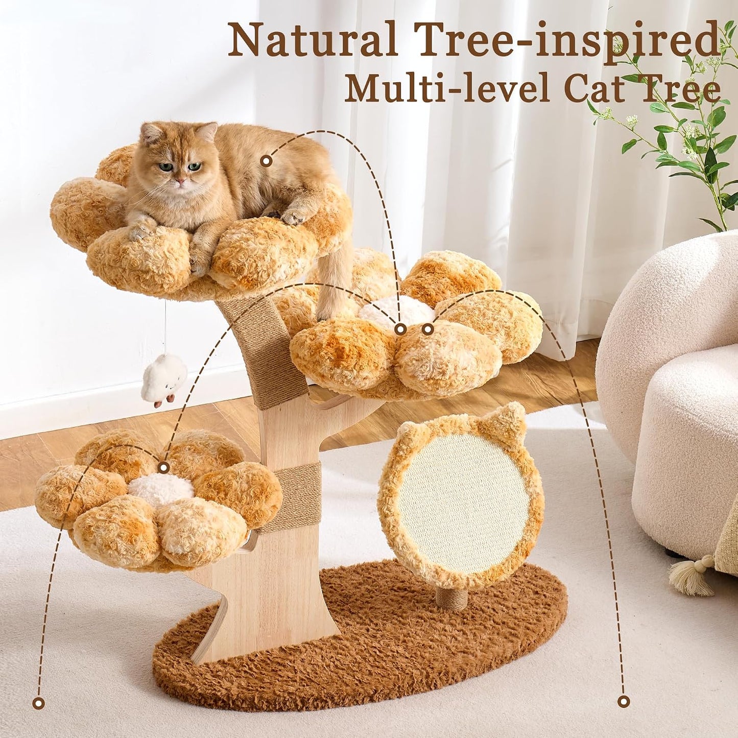 Modern Cat Tree Tower for Indoor Cats Large Adult, 37 inch Brown Flower Cat Tree with Scratching Post, Luxury Aesthetic Cat Tree with Cloud-Soft Flower Perches and Physical Mouse-Sound Hanging Toy