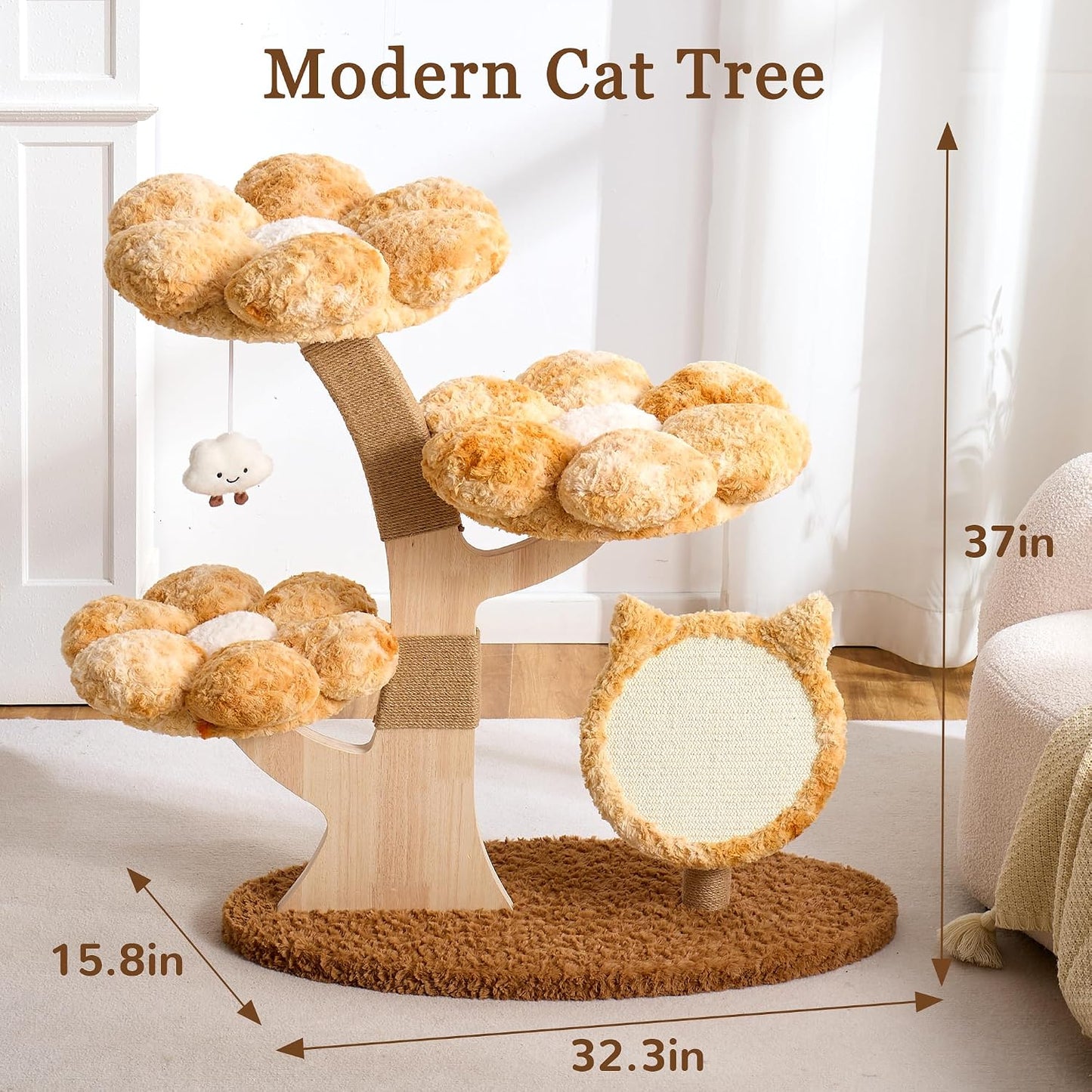 Modern Cat Tree Tower for Indoor Cats Large Adult, 37 inch Brown Flower Cat Tree with Scratching Post, Luxury Aesthetic Cat Tree with Cloud-Soft Flower Perches and Physical Mouse-Sound Hanging Toy