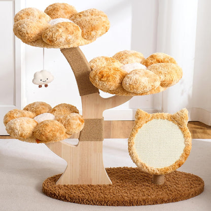 Modern Cat Tree Tower for Indoor Cats Large Adult, 37 inch Brown Flower Cat Tree with Scratching Post, Luxury Aesthetic Cat Tree with Cloud-Soft Flower Perches and Physical Mouse-Sound Hanging Toy