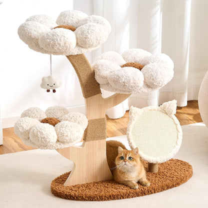 Modern Cat Tree Tower for Indoor Cats Large Adult, 37 inch Brown Flower Cat Tree with Scratching Post, Luxury Aesthetic Cat Tree with Cloud-Soft Flower Perches and Physical Mouse-Sound Hanging Toy