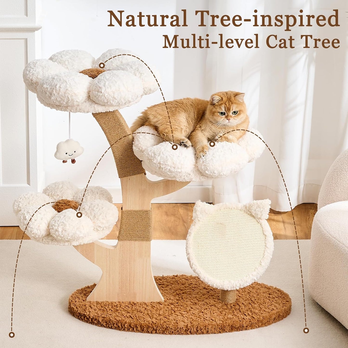 Modern Cat Tree Tower for Indoor Cats Large Adult, 37 inch Brown Flower Cat Tree with Scratching Post, Luxury Aesthetic Cat Tree with Cloud-Soft Flower Perches and Physical Mouse-Sound Hanging Toy