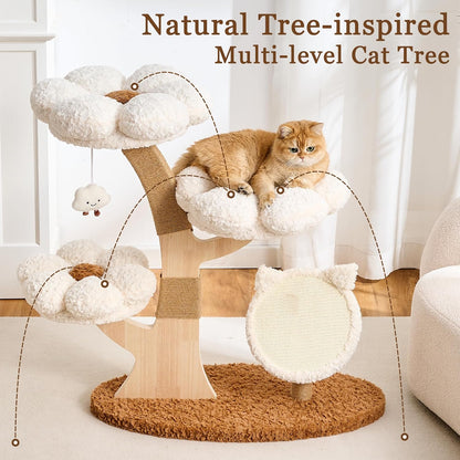 Modern Cat Tree Tower for Indoor Cats Large Adult, 37 inch Brown Flower Cat Tree with Scratching Post, Luxury Aesthetic Cat Tree with Cloud-Soft Flower Perches and Physical Mouse-Sound Hanging Toy