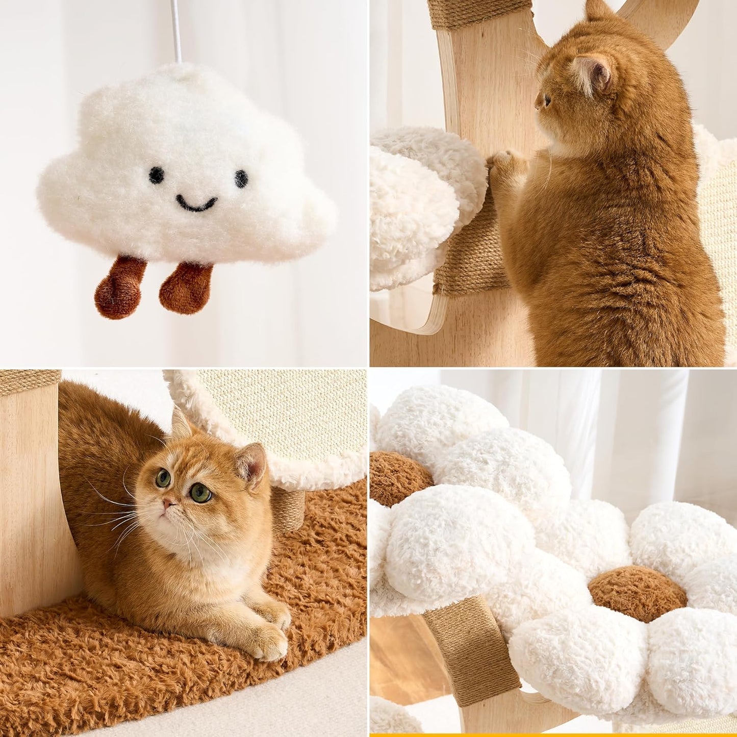 Modern Cat Tree Tower for Indoor Cats Large Adult, 37 inch Brown Flower Cat Tree with Scratching Post, Luxury Aesthetic Cat Tree with Cloud-Soft Flower Perches and Physical Mouse-Sound Hanging Toy