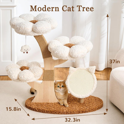 Modern Cat Tree Tower for Indoor Cats Large Adult, 37 inch Brown Flower Cat Tree with Scratching Post, Luxury Aesthetic Cat Tree with Cloud-Soft Flower Perches and Physical Mouse-Sound Hanging Toy