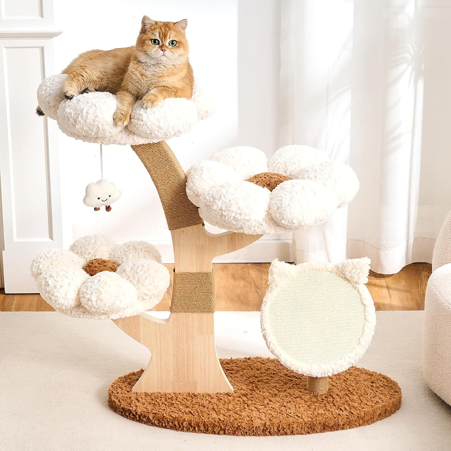 Modern Cat Tree Tower for Indoor Cats Large Adult, 37 inch Brown Flower Cat Tree with Scratching Post, Luxury Aesthetic Cat Tree with Cloud-Soft Flower Perches and Physical Mouse-Sound Hanging Toy